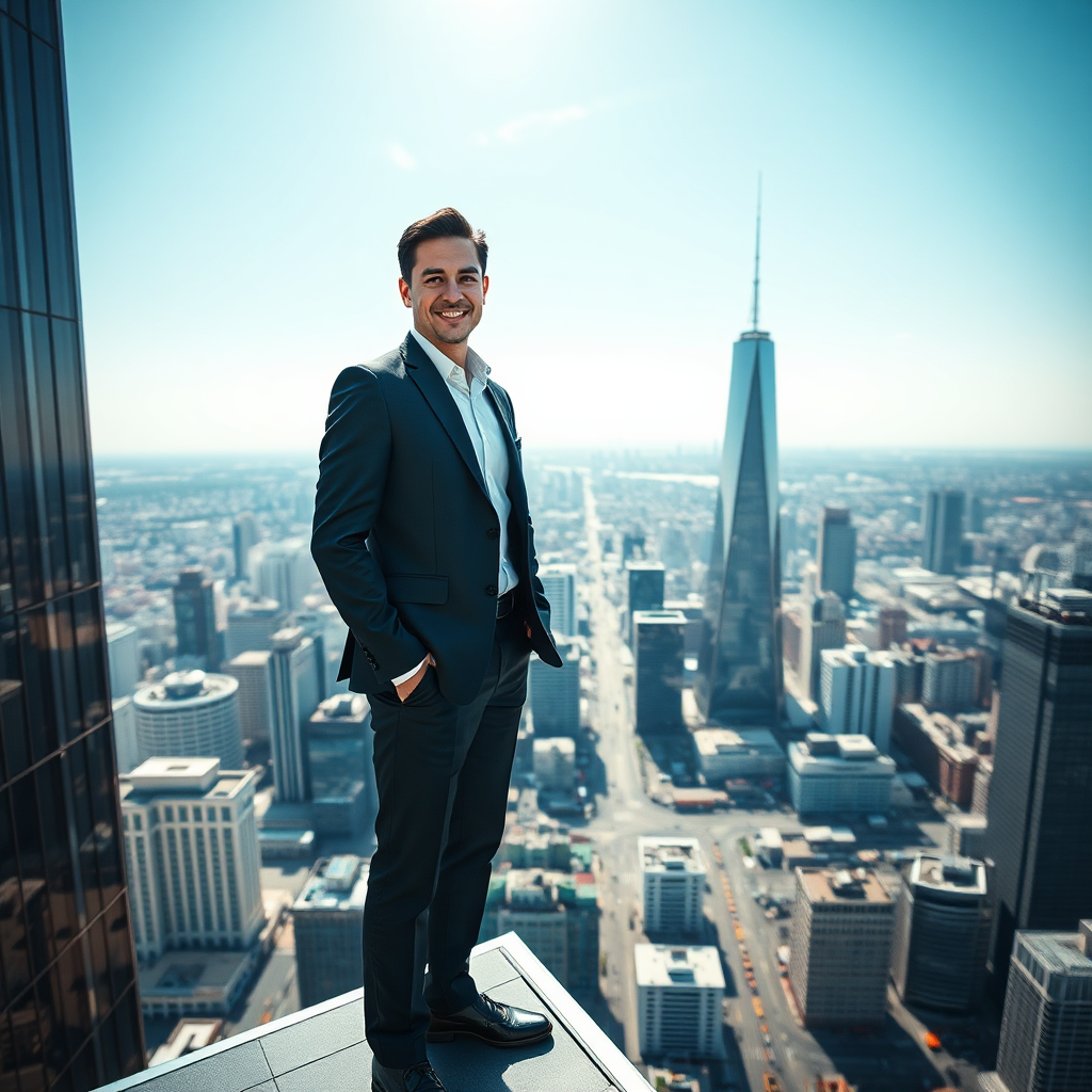 Create a photorealistic image of a professional confidently standing at the top of a modern office building overlooking a bustling city. The lighting should be bright and optimistic, suggesting success and achievement. The person is dressed in business attire and smiling slightly. Camera angle should be low, emphasizing the height and the sense of accomplishment. 4k resolution.