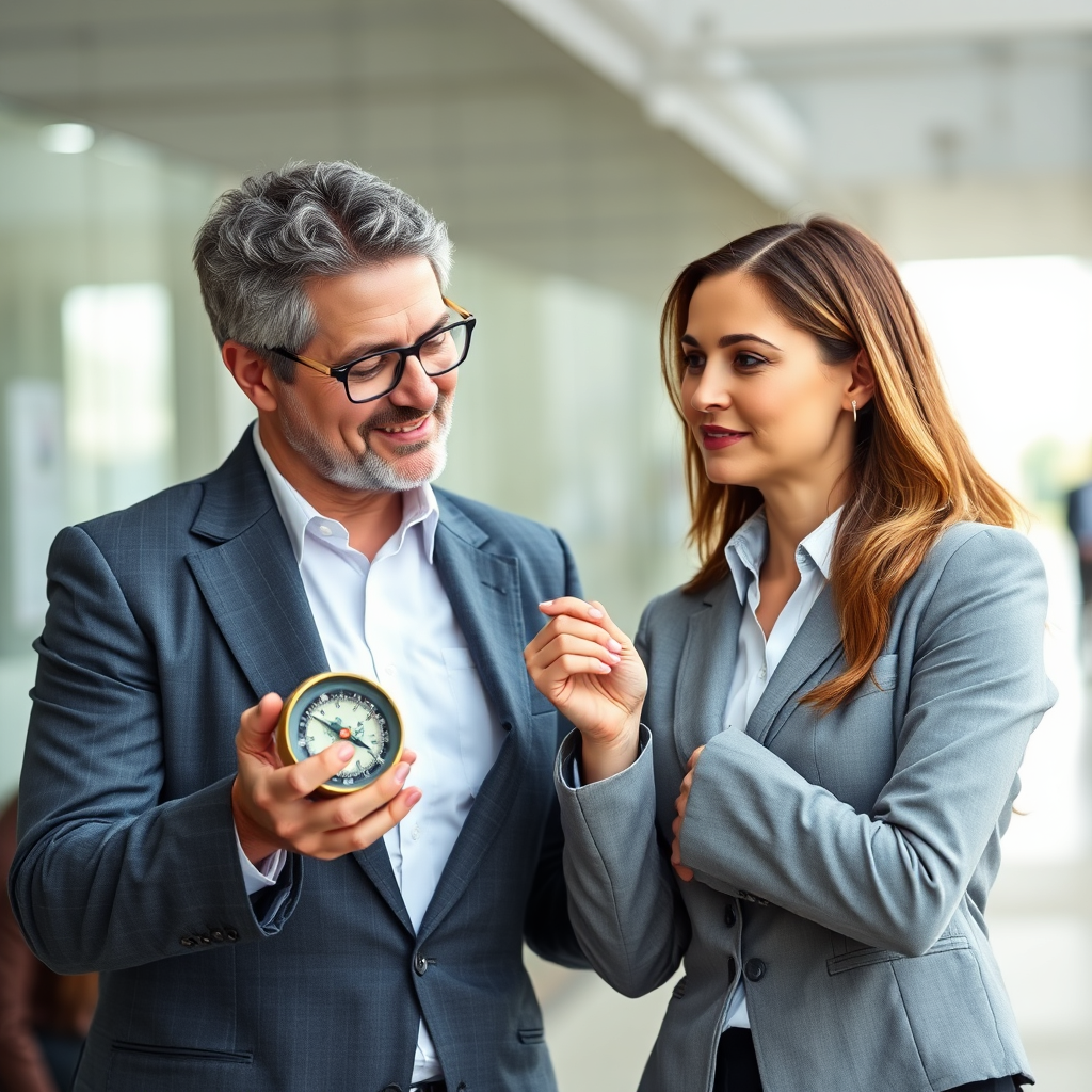 Create a photorealistic image of a coach guiding a business professional through a challenging situation, using a compass to navigate. The coach should be supportive and encouraging. The person should be determined. 4k resolution.