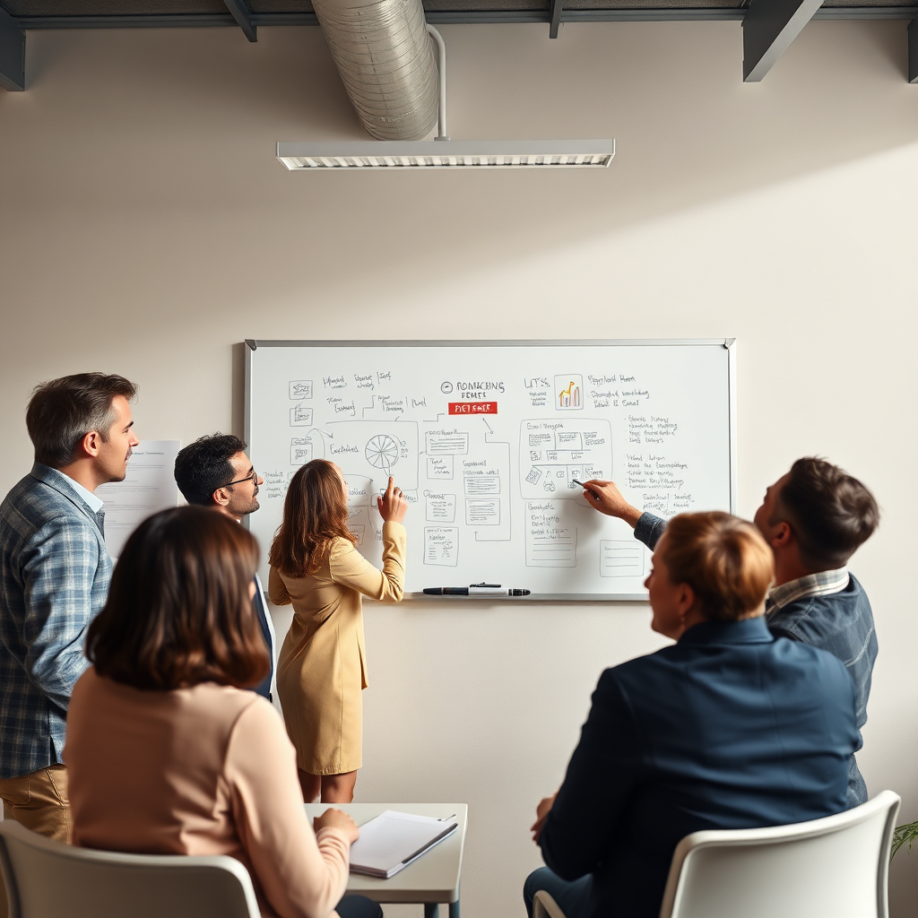 Create a photorealistic image of a team of business professionals brainstorming ideas on a whiteboard. The atmosphere should be collaborative and innovative. The lighting should be bright and energetic. Camera angle should be slightly from above, capturing the entire scene. 4k resolution.