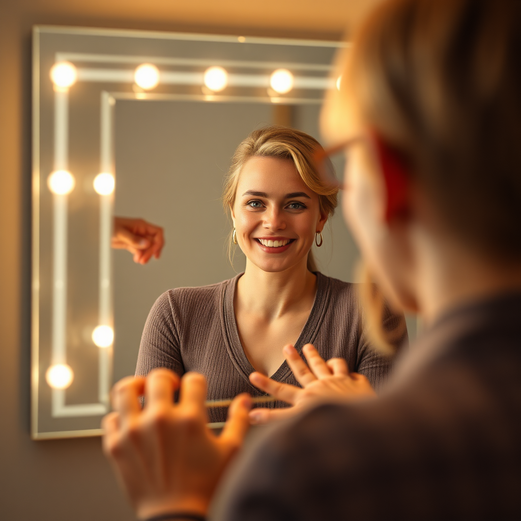 Create a photorealistic image of a person looking at their reflection in a mirror, seeing a confident and successful version of themselves. The lighting should be warm and inviting. The image should convey a sense of self-assurance and empowerment. 4k resolution.