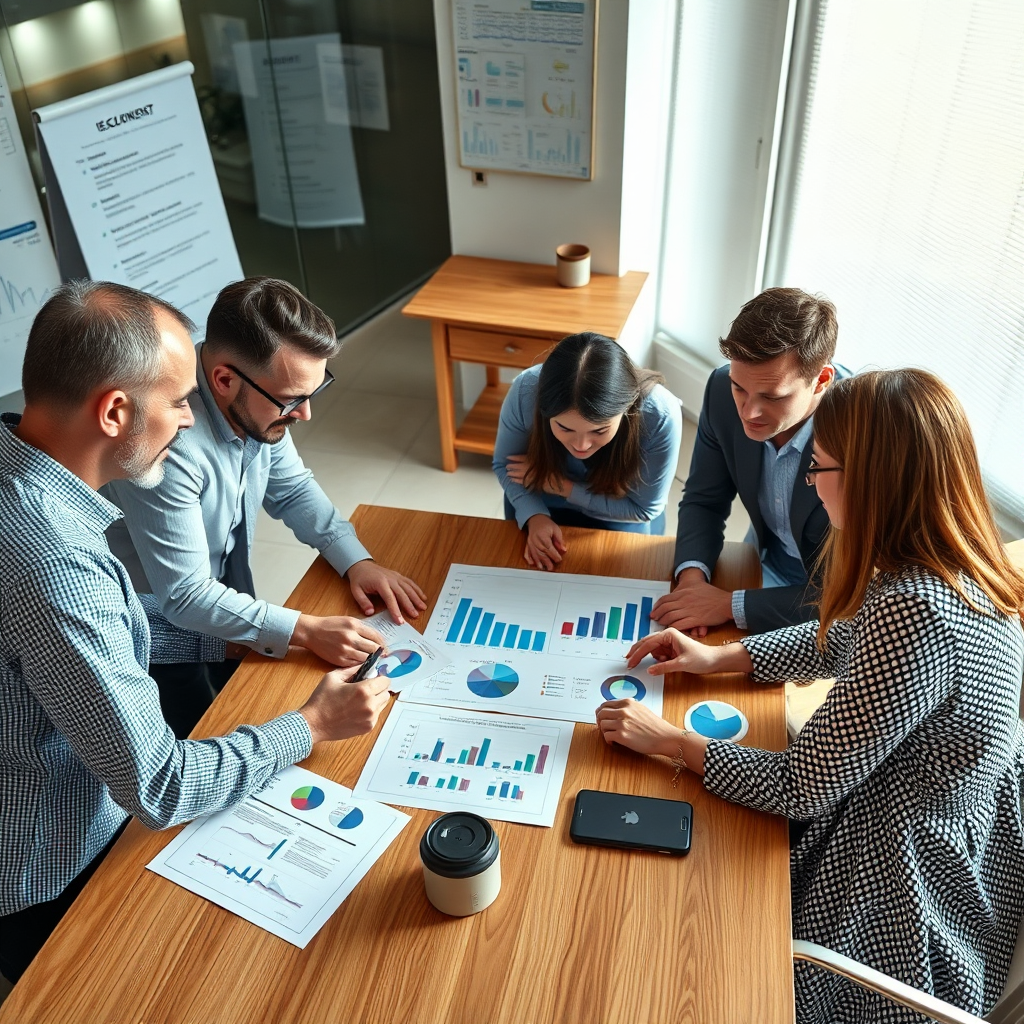 Create a photorealistic image of a group of professionals collaborating around a table, reviewing charts and graphs. The atmosphere should be collaborative and focused. Use a warm and inviting color palette. The lighting should be bright and natural. Camera angle should be slightly from above, capturing the entire scene. 4k resolution.