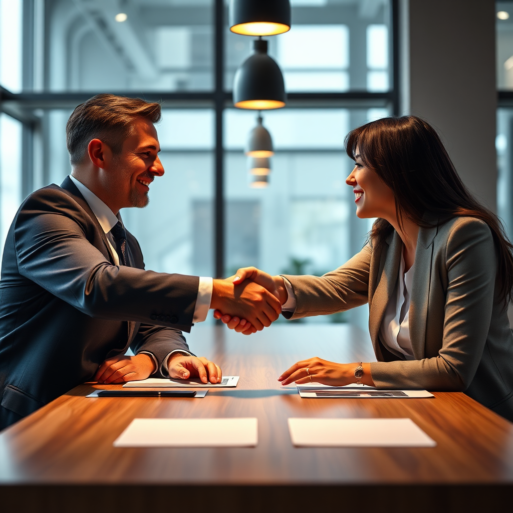 Create a photorealistic image of two people shaking hands over a table, symbolizing a strong and lasting business partnership. The atmosphere should be trusting and collaborative. 4k resolution.