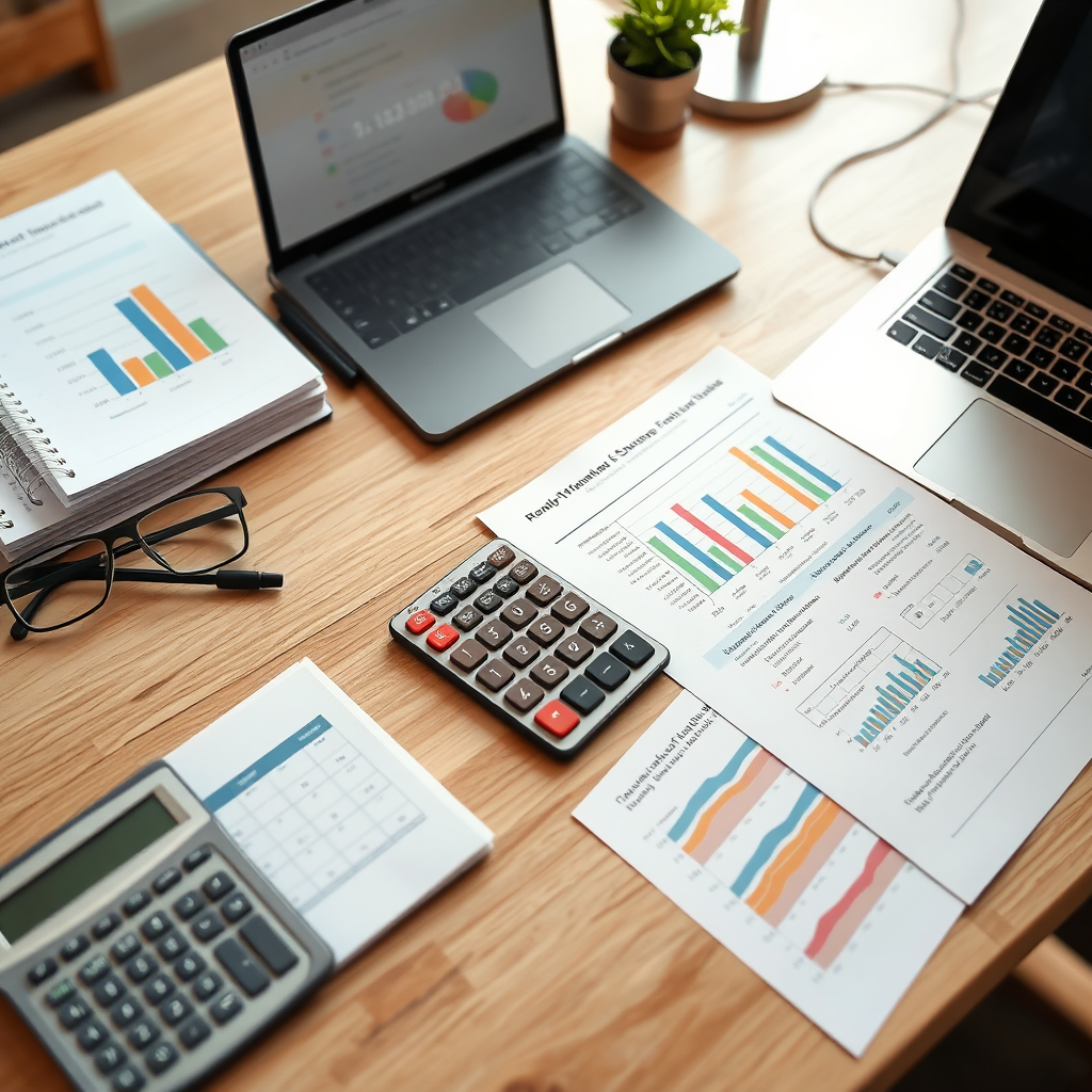 Create a photorealistic image of a well-organized desk with a calculator, financial reports, and a laptop. The scene should convey a sense of clarity and control over finances. Lighting should be neat and bright. Camera angle slightly from above. 4k resolution.