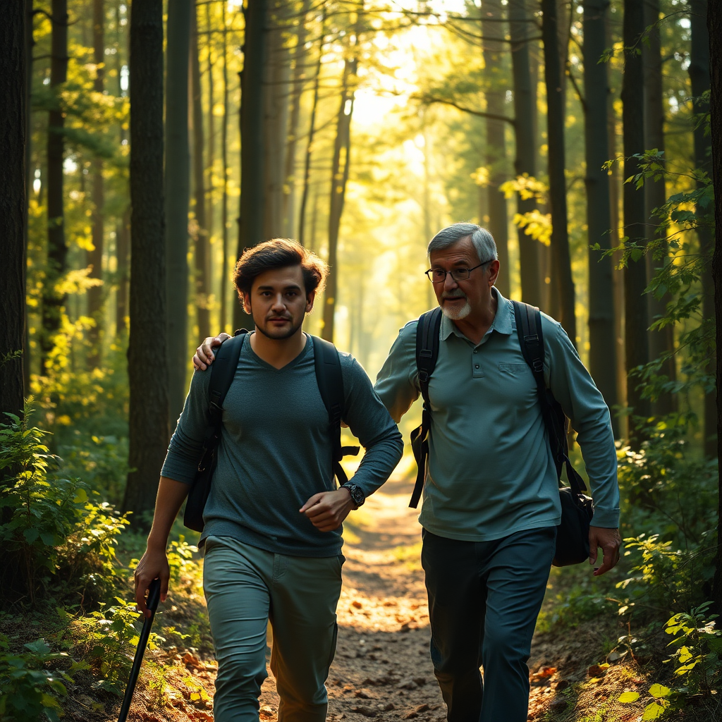 Create a photorealistic image of a coach guiding a person through a forest. The person looks determined and the coach appears very supportive and wise. The forest is full of sun rays. Use a slightly elevated camera angle. 4k resolution.