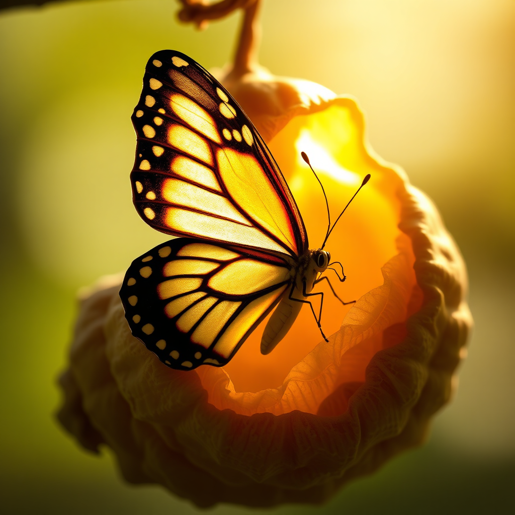 Create a photorealistic image of a butterfly emerging from a cocoon, symbolizing transformation and growth. The lighting should be soft and hopeful. The image should convey a sense of positive change. 4k resolution.