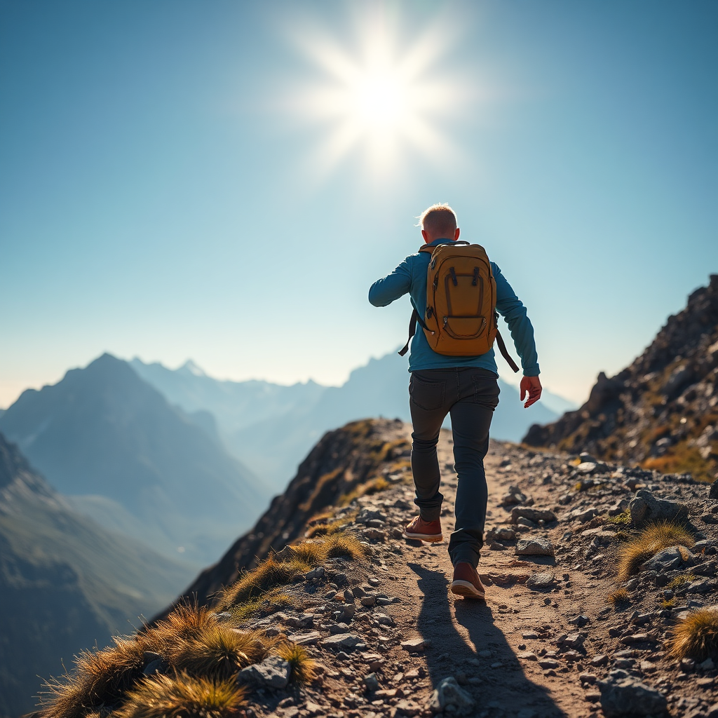 Create a photorealistic image of a person confidently walking towards a mountain peak, with a clear path ahead. The lighting should be bright and optimistic. The image should convey a sense of determination and achievement. Camera angle should be from behind, emphasizing the journey ahead. 4k resolution.