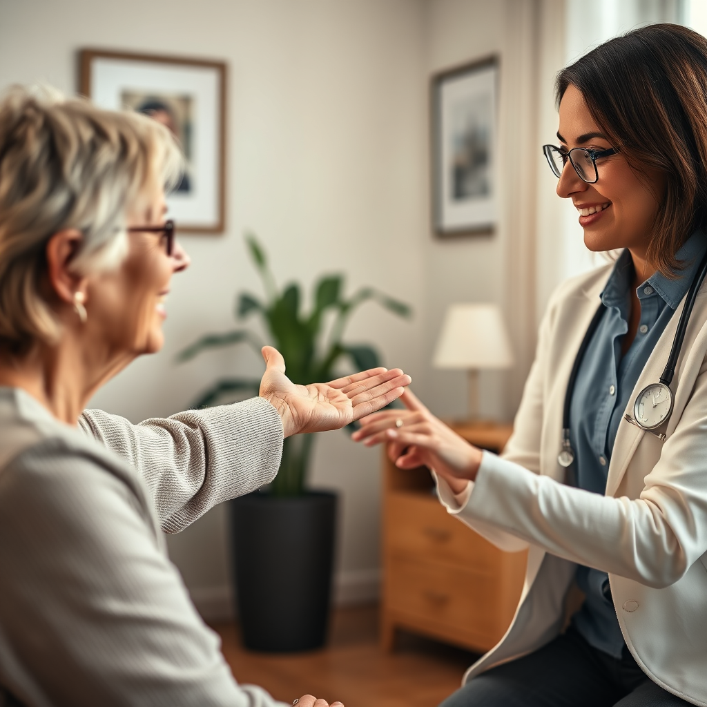 Create a photorealistic image of a therapist offering a comforting hand to a client in a softly lit office. The atmosphere should be warm and supportive. Camera angle should be close, focusing on the connection between the therapist and the client. 4k resolution.