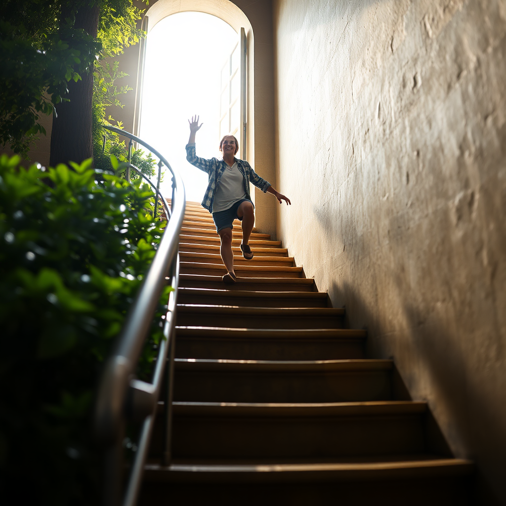 Create a photorealistic image of a person climbing a staircase that leads to a bright, open doorway filled with sunlight. The person is smiling and reaching towards the light. The staircase is surrounded by lush greenery. Lighting should be soft and ethereal. Camera angle should be from below, emphasizing the upward journey. 4k resolution.