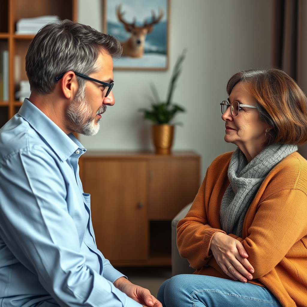 Create a photorealistic image of a supportive therapist listening attentively to a client. The atmosphere should be warm, safe, and confidential. The therapist should be empathetic. 4k resolution.