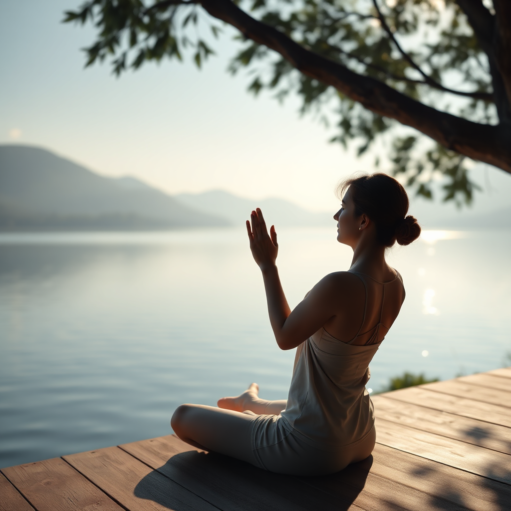 Create a photorealistic image of a person practicing yoga in a serene setting, overlooking a calm lake. The lighting should be soft and natural. Use a calming color palette. The image should convey a sense of peace and tranquility. 4k resolution.