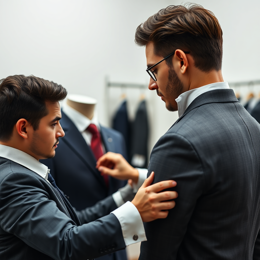 Create a photorealistic image of a tailor carefully measuring a person for a custom-made suit, symbolizing personalized service and attention to detail. The atmosphere should be professional and attentive. 4k resolution.