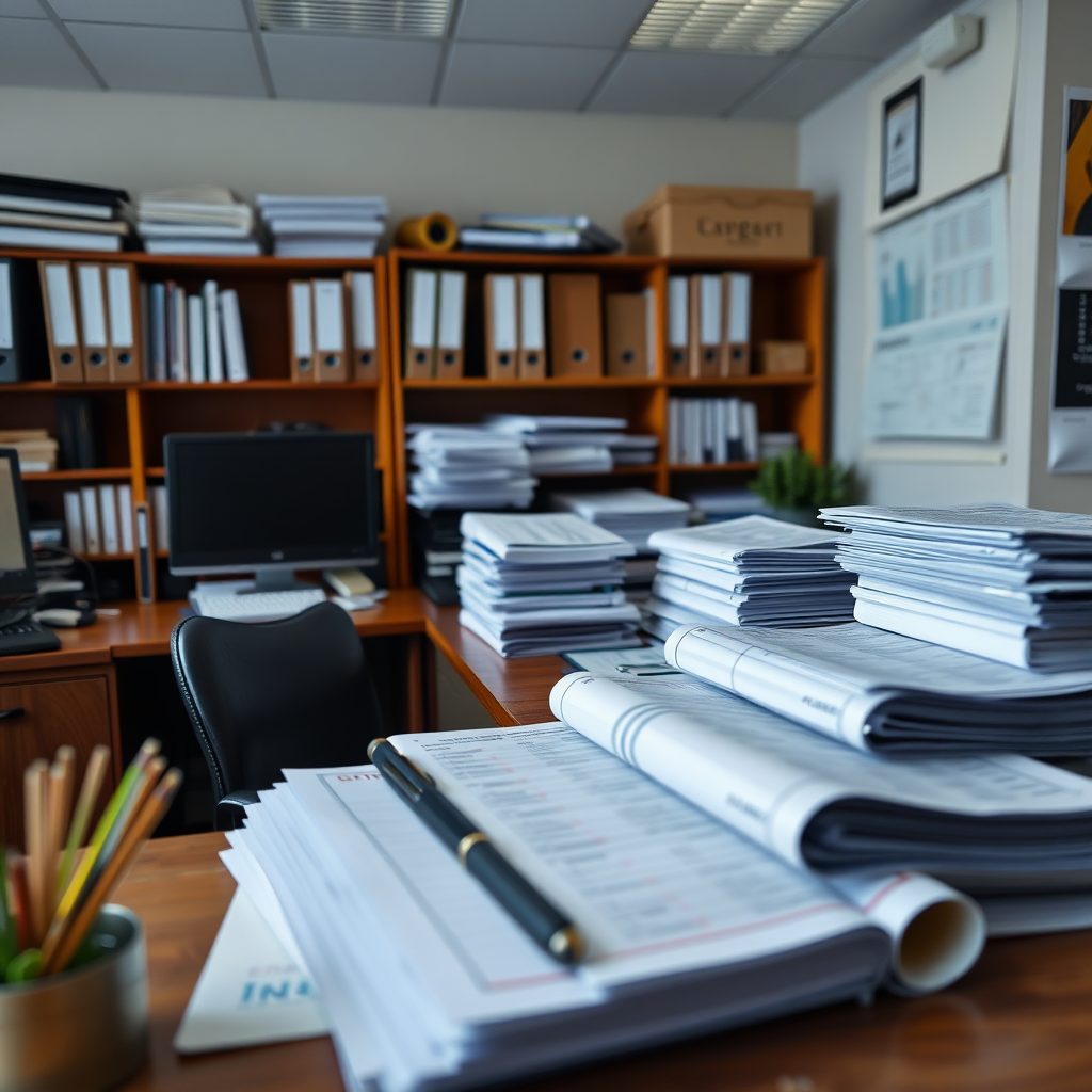 Create a photorealistic image of a tidy and well-organized accounting office, with financial documents neatly arranged. The scene should convey a sense of order and efficiency. 4k resolution.