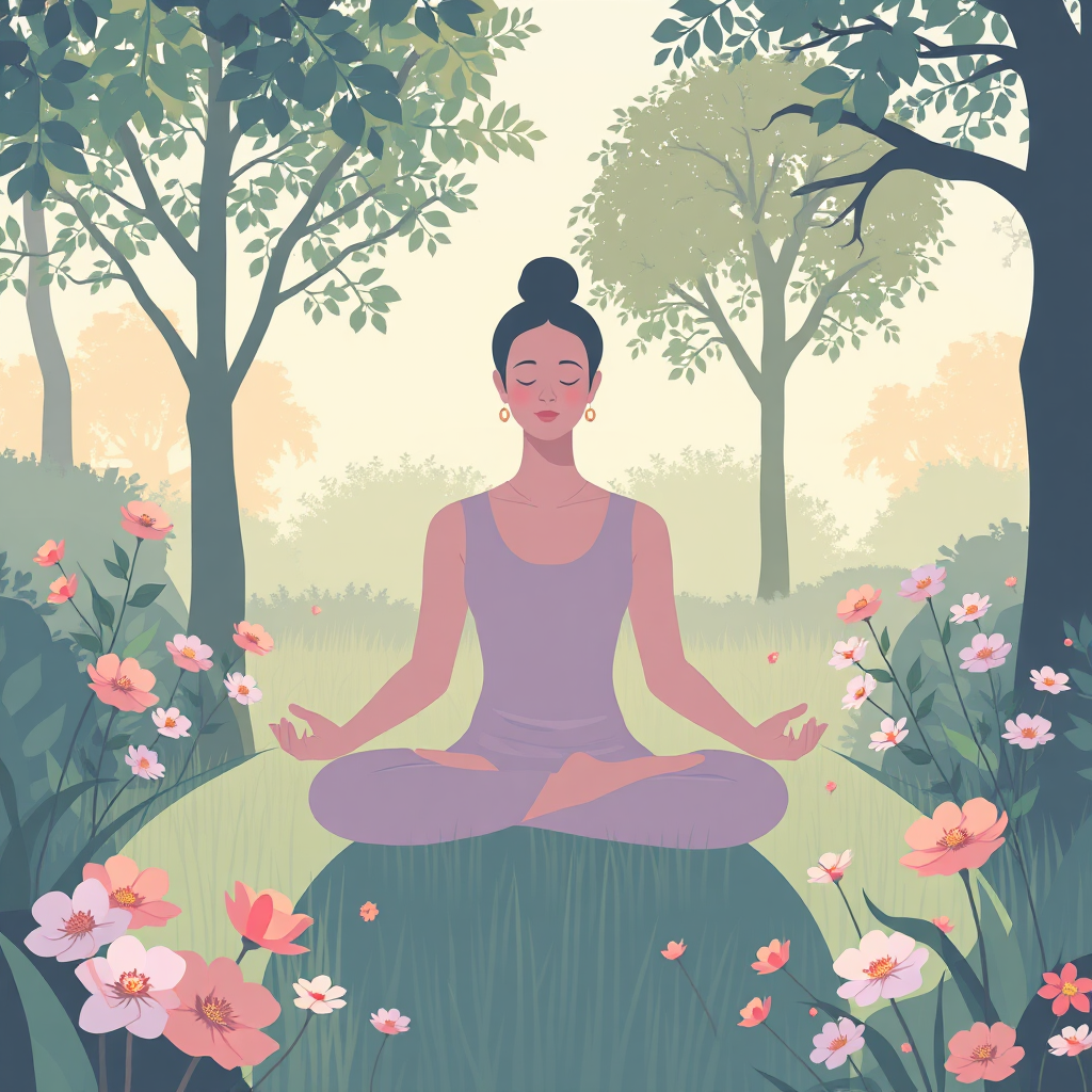 Create a stylized image of a person meditating in a peaceful garden. The person is surrounded by flowers and trees. The lighting should be soft and ethereal. Use a calming color palette. The image should convey a sense of peace and tranquility. 4k resolution, vector-based.