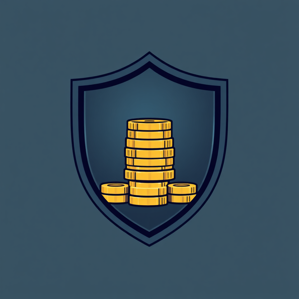 Create a stylized image of a shield protecting a stack of coins, symbolizing financial security and tax savings. The shield should be strong and modern. 4k resolution, vector-based.