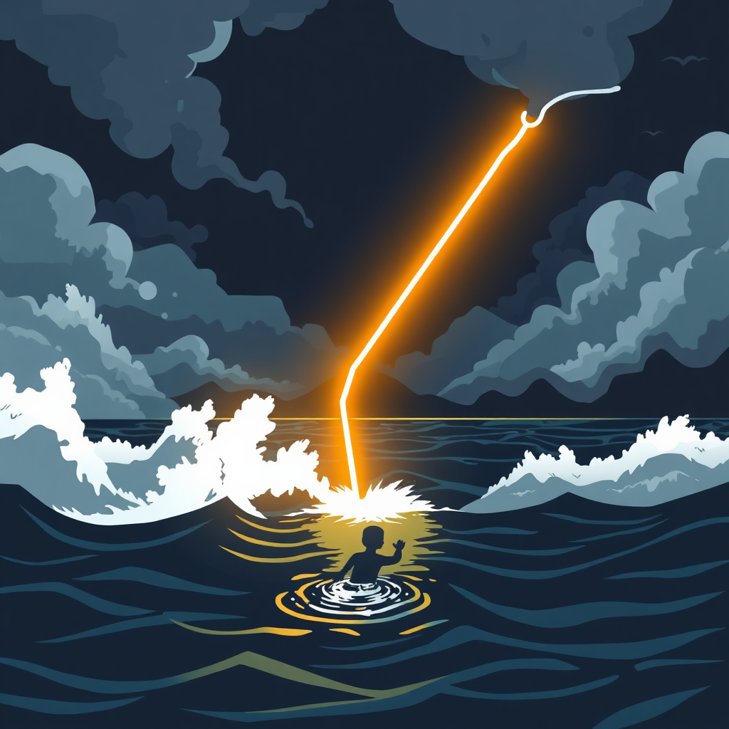 Create a stylized image representing a lifeline extending from a dark and stormy sea to a person struggling in the water. The lifeline should be bright and strong. The image should convey a sense of hope and rescue. 4k resolution, vector-based.