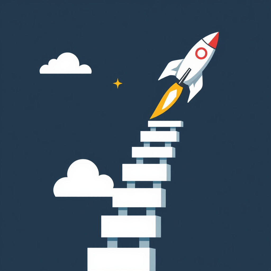 Create a stylized image representing a career ladder with a rocket ship taking off from the top rung. The rocket ship should be sleek and modern. The image should convey a sense of ambition and success. 4k resolution, vector-based.