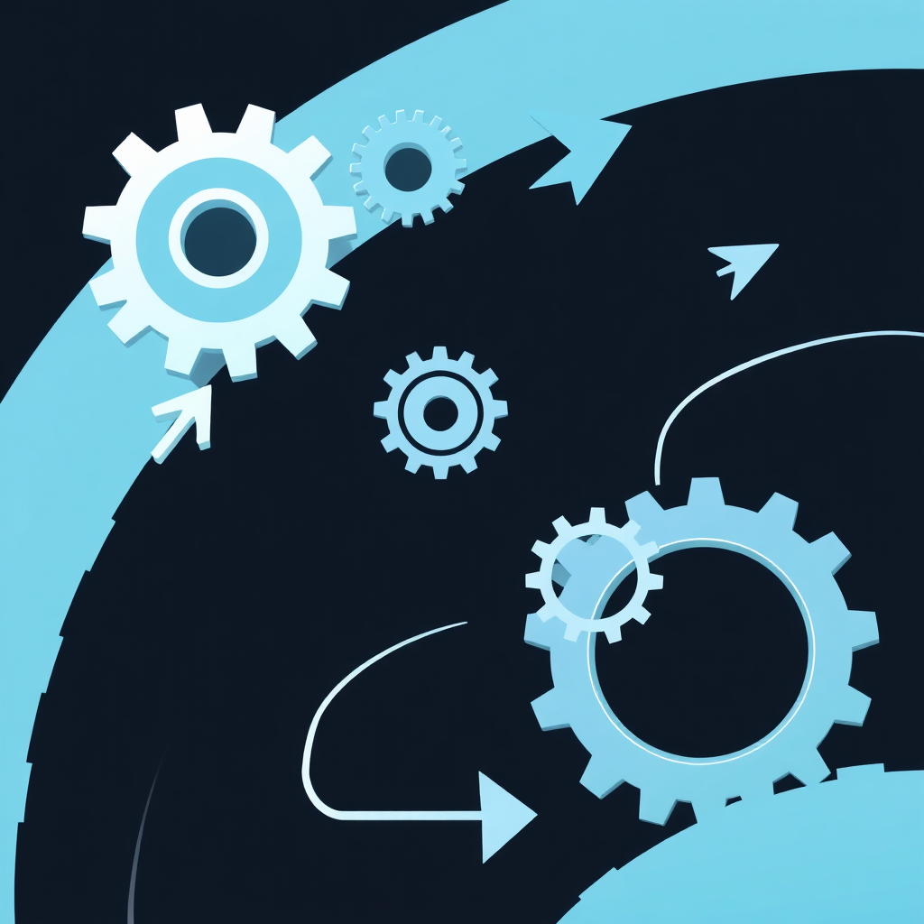 Create a stylized image representing a streamlined and efficient business process, with gears and arrows moving smoothly and seamlessly. The image should convey a sense of order and productivity. 4k resolution, vector-based.