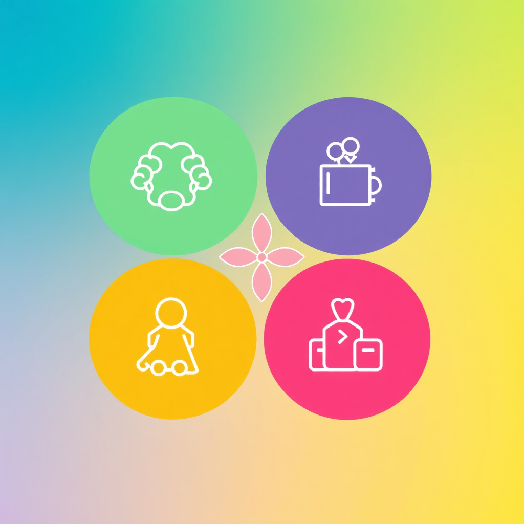Create a stylized image representing a holistic approach to business and personal development. The image should feature interconnected circles, each containing a symbol representing psychological wellbeing, coaching, business acumen, and financial stability. Use a vibrant and harmonious color palette. The background should be a soft gradient. 4k resolution, vector-based.